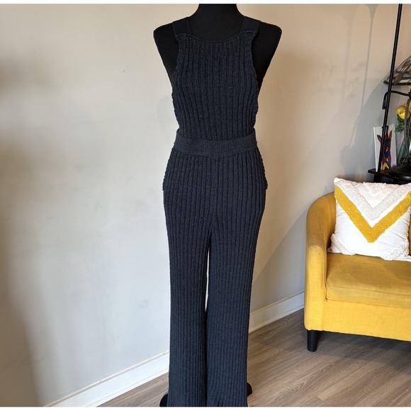 Free People Pants - Free People Beach Knit Jumpsuit Ribbed Black Wide Leg Cozy Style Size Small